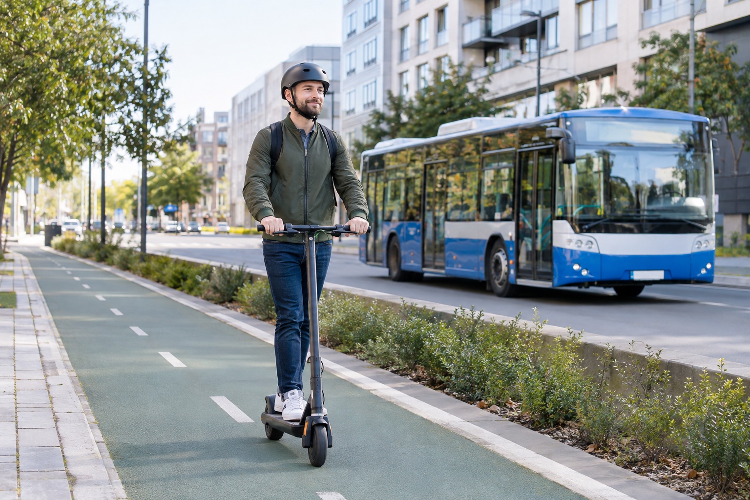 Electric scooter vs public transit routes in separate city lanes