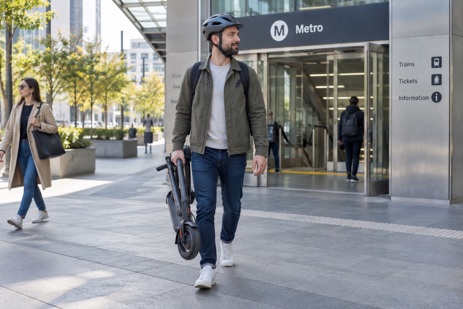 Commuter leaving pedestrians room at a station entrance