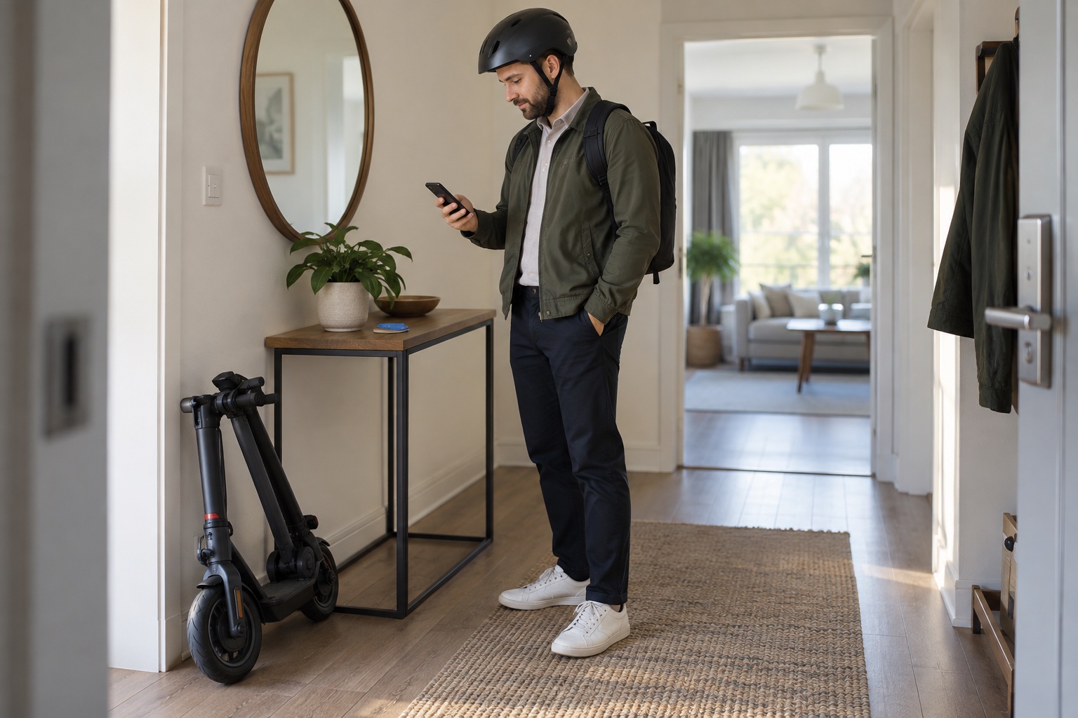 Commuter checking a route on a phone before leaving home