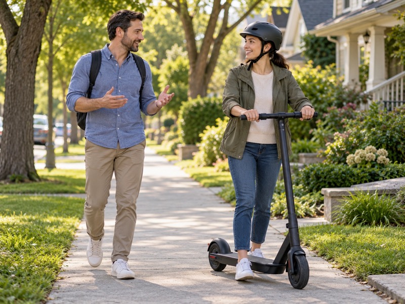An adult walker and a helmeted adult pushing a scooter on a residential sidewalk