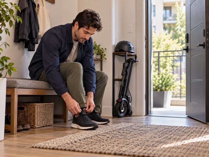 Adult preparing walking shoes beside a folded scooter near a door