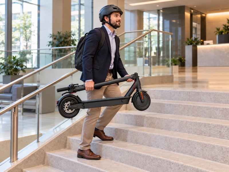 Adult carrying a folded scooter safely on a short indoor staircase
