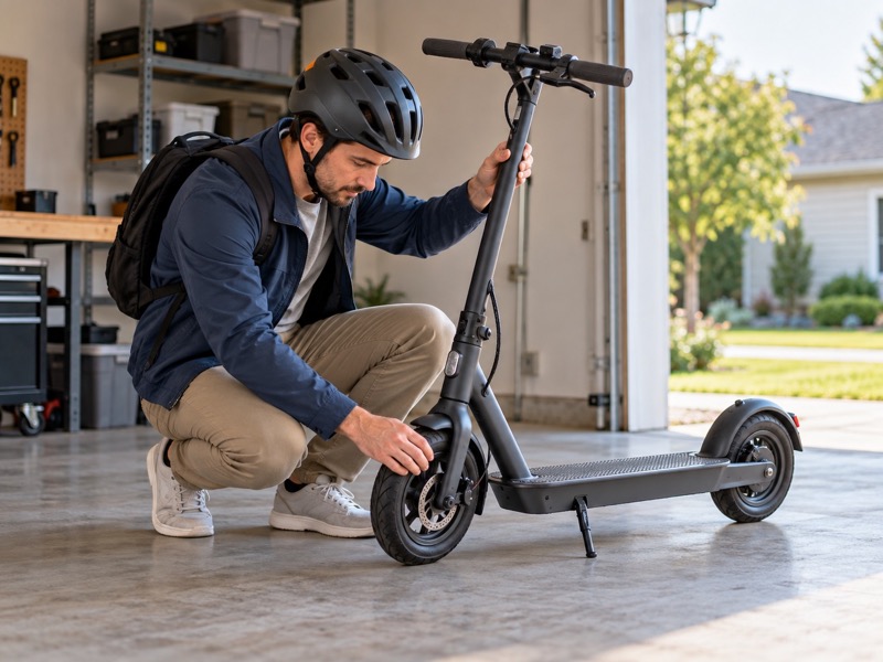 Helmeted adult inspecting a scooter's front tire and brake in a garage
