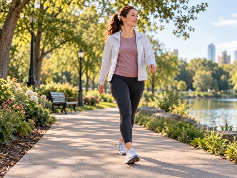 Adult taking a brisk walk on a quiet park path