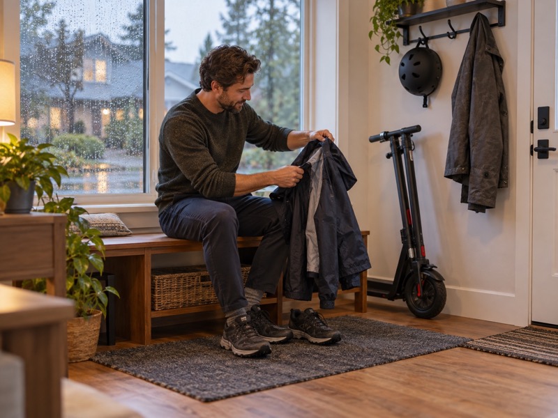 Adult preparing a walking jacket beside a stored scooter on a rainy day