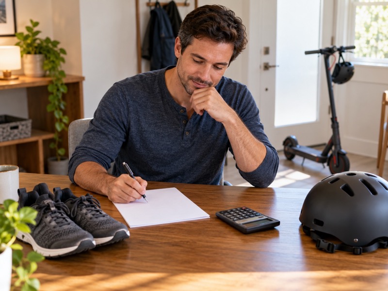 Adult comparing blank budget notes beside a scooter and walking shoes