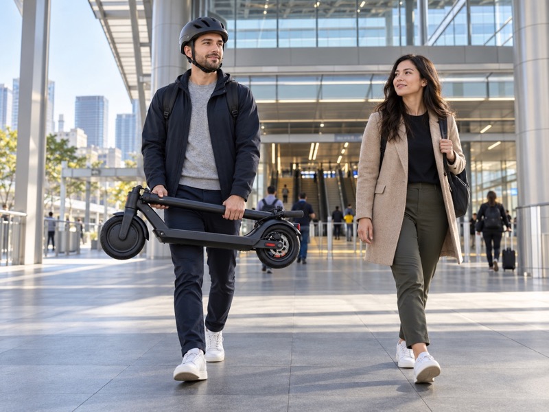Adult carrying a folded scooter beside another adult on a walking connection