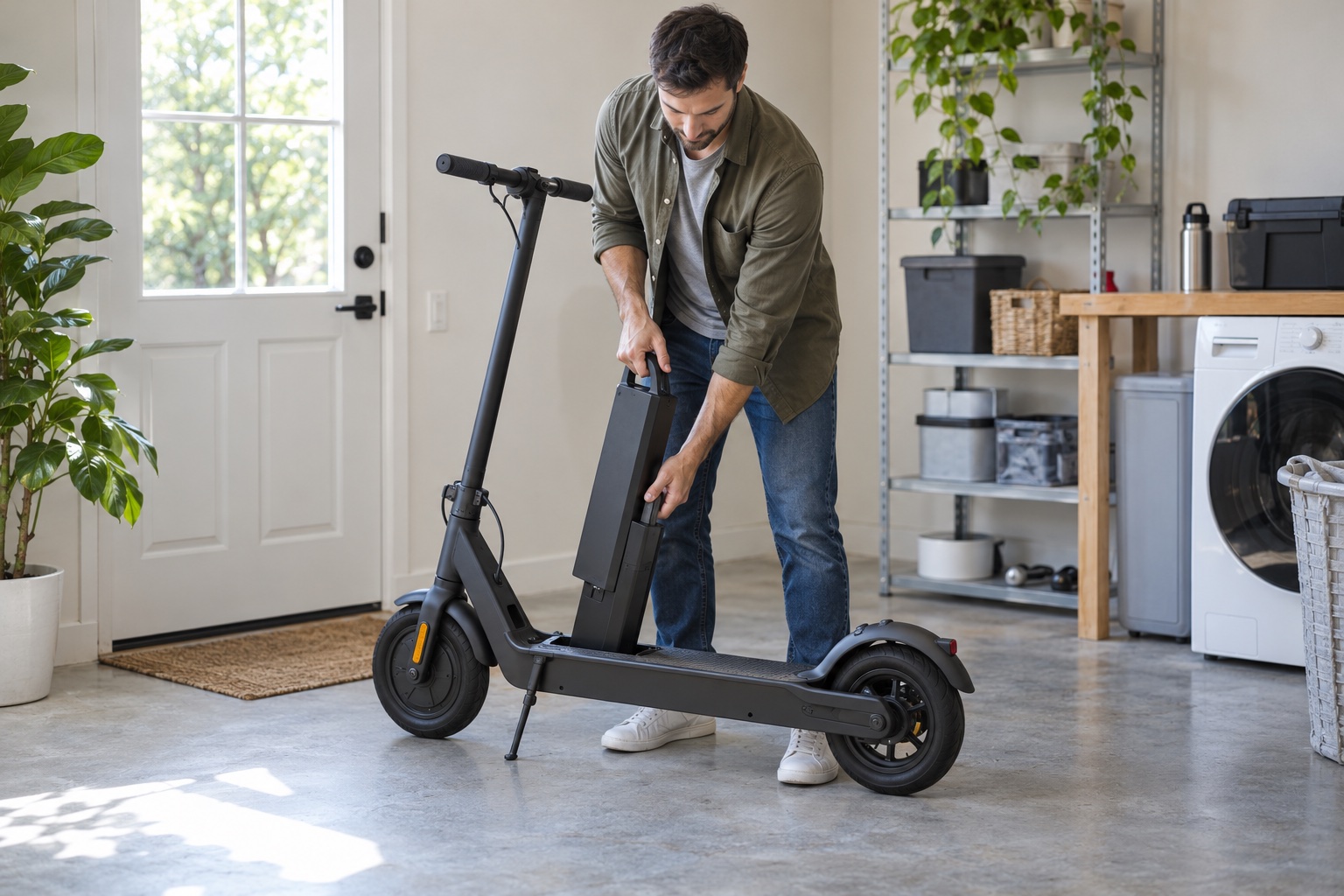 Owner releasing a removable electric scooter battery with its designed latch