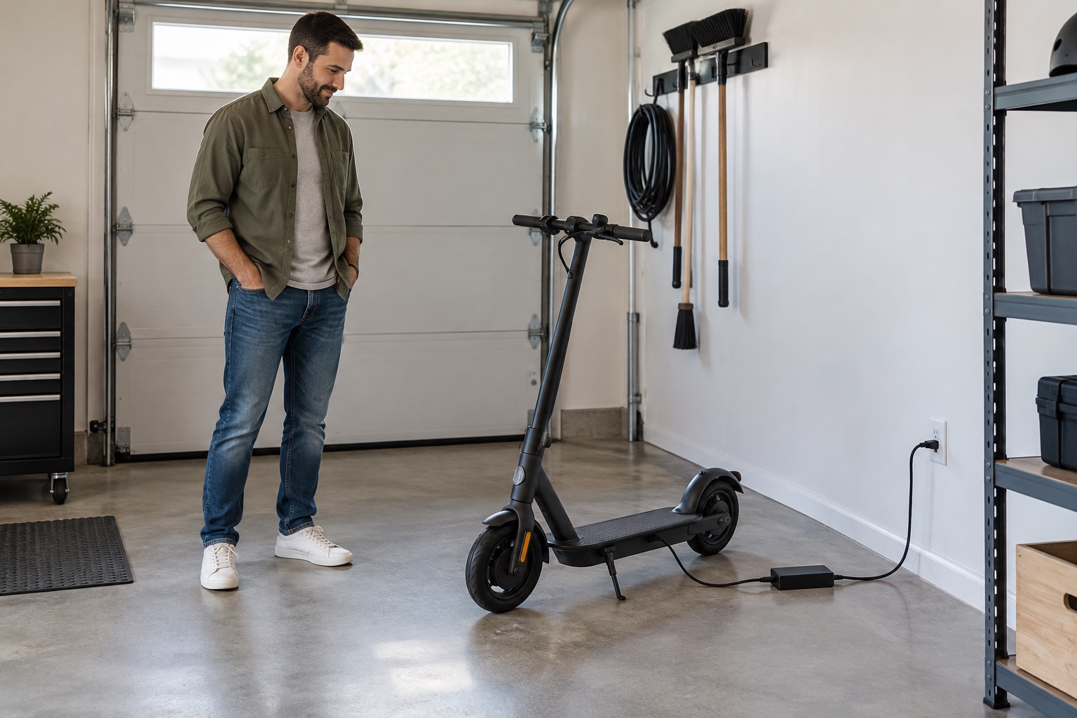 Owner supervising a fixed-battery electric scooter charging in a clear garage
