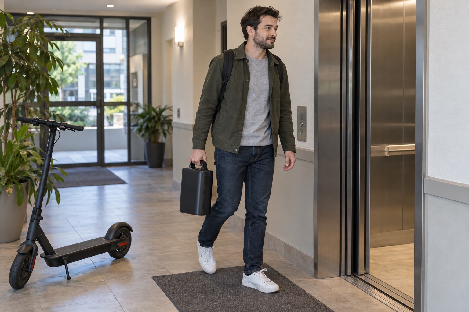 Apartment commuter carrying a compact power pack beside an elevator