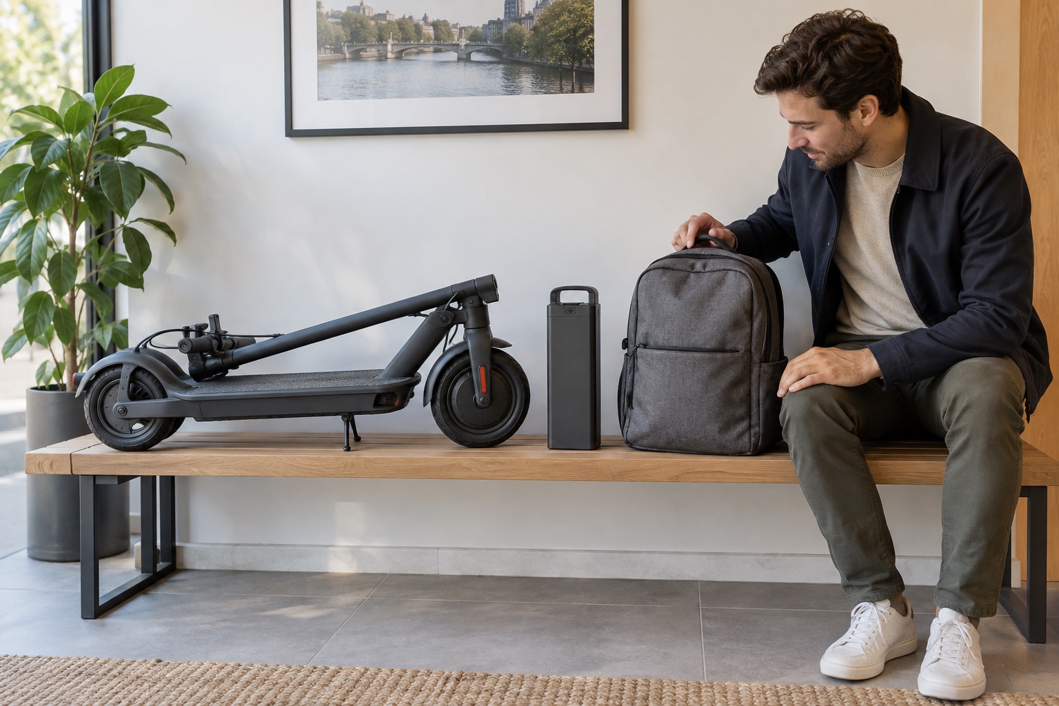 Folded commuter scooter, removable power pack, and backpack