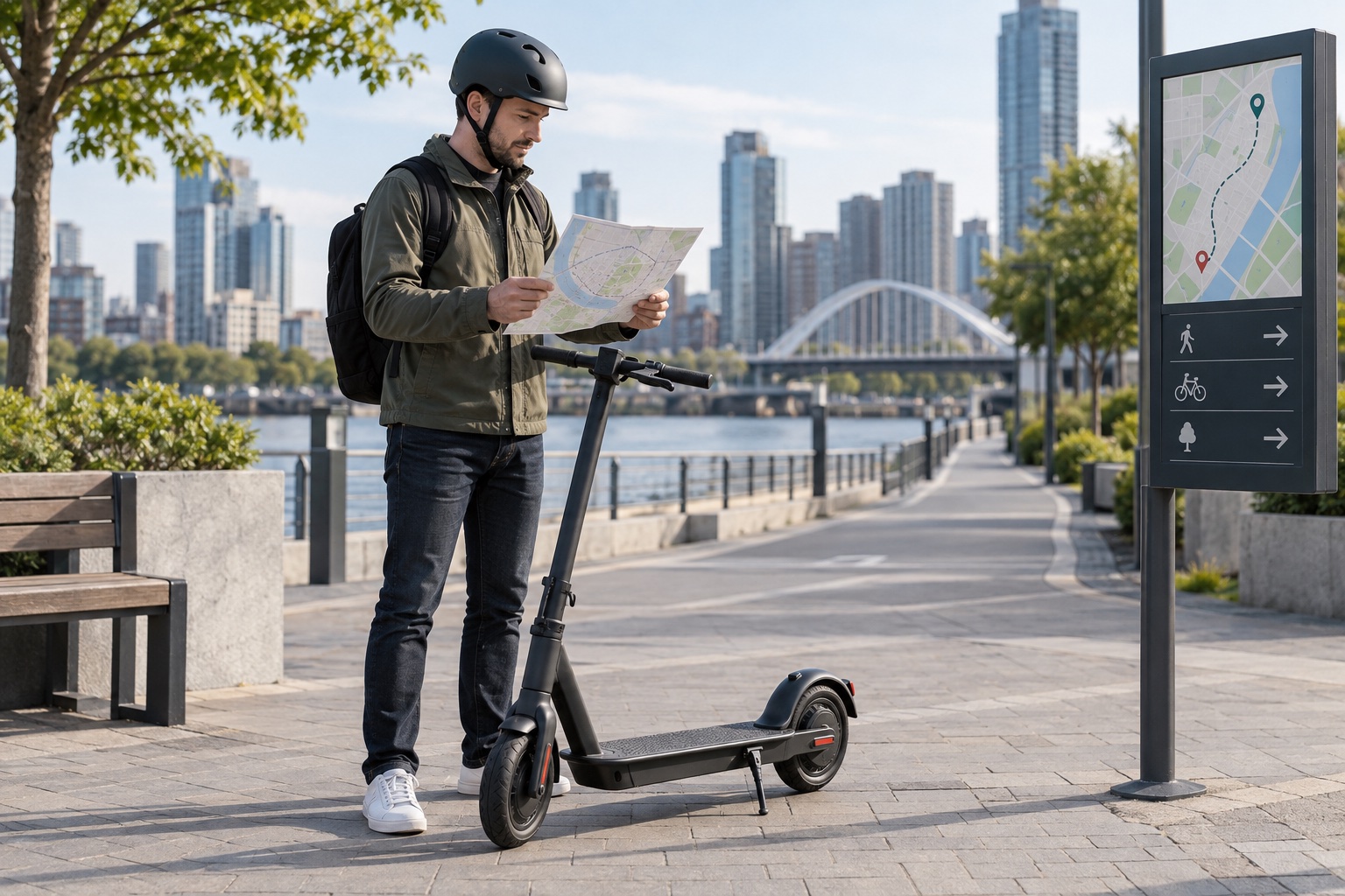 Commuter planning a return route beside a parked scooter