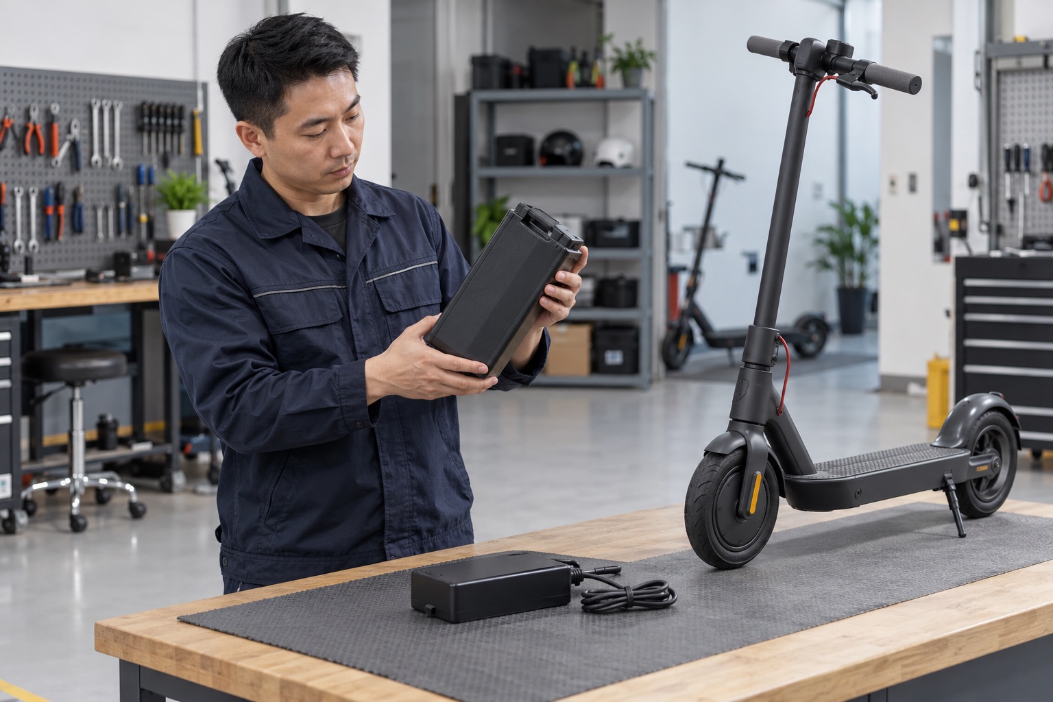 Technician inspecting a sealed power pack beside a scooter and charger