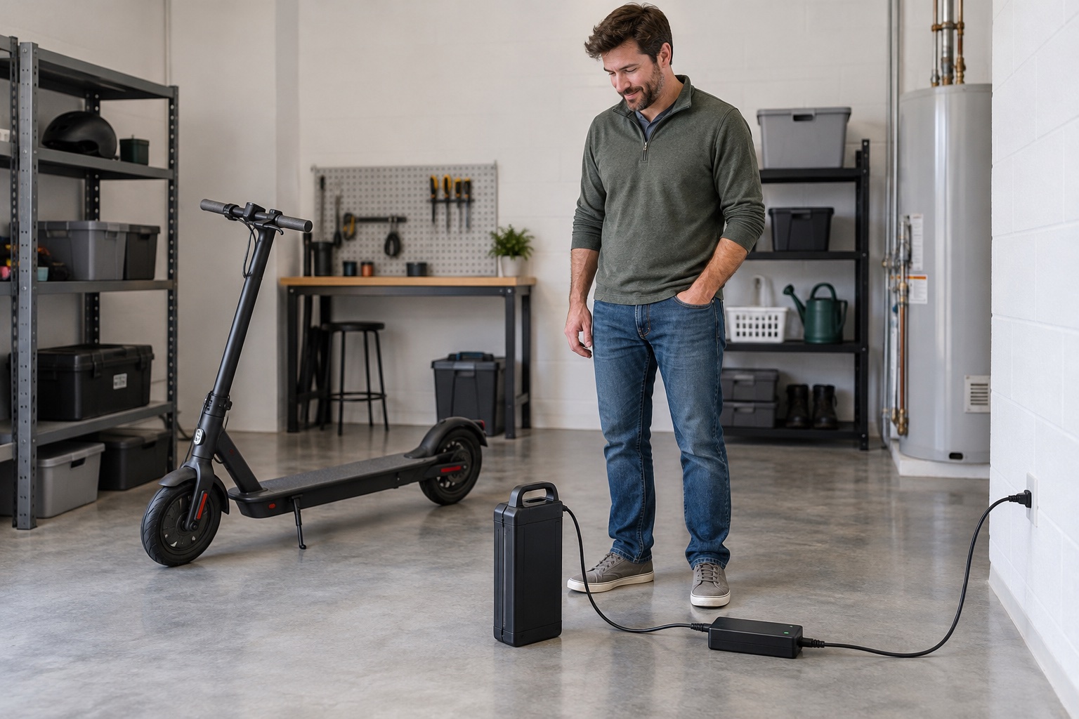 Owner supervising a power pack charging on a clear hard floor