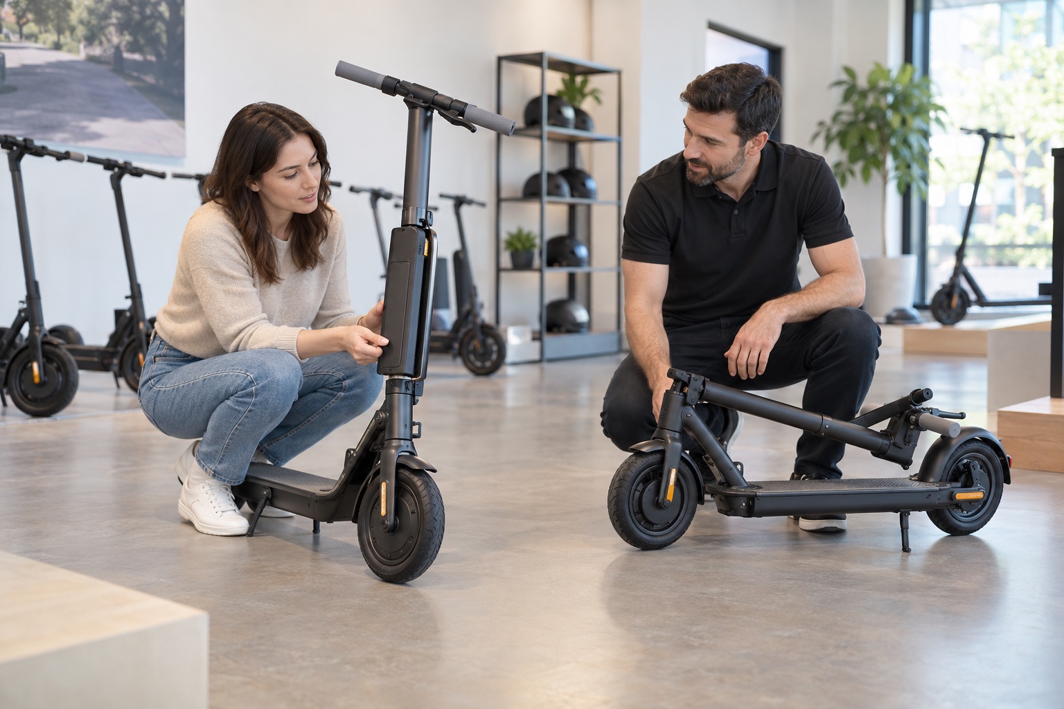 Shopper and store assistant comparing two complete scooter models