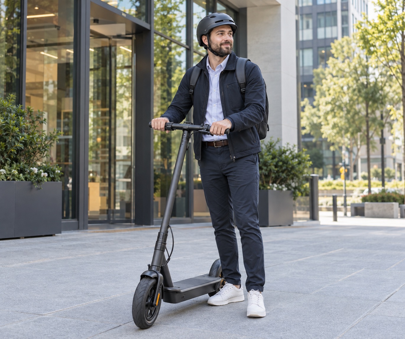 Helmeted commuter preparing a scooter with its battery securely installed