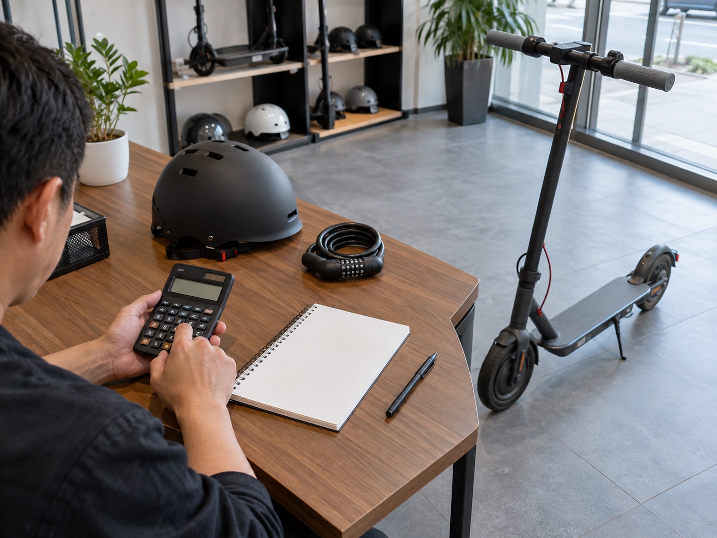 Calculator, helmet, and lock for comparing renting vs buying an electric scooter