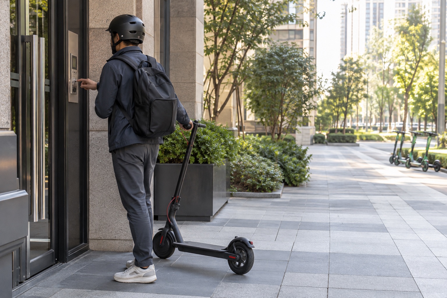 Commuter preparing a personal scooter outside an apartment