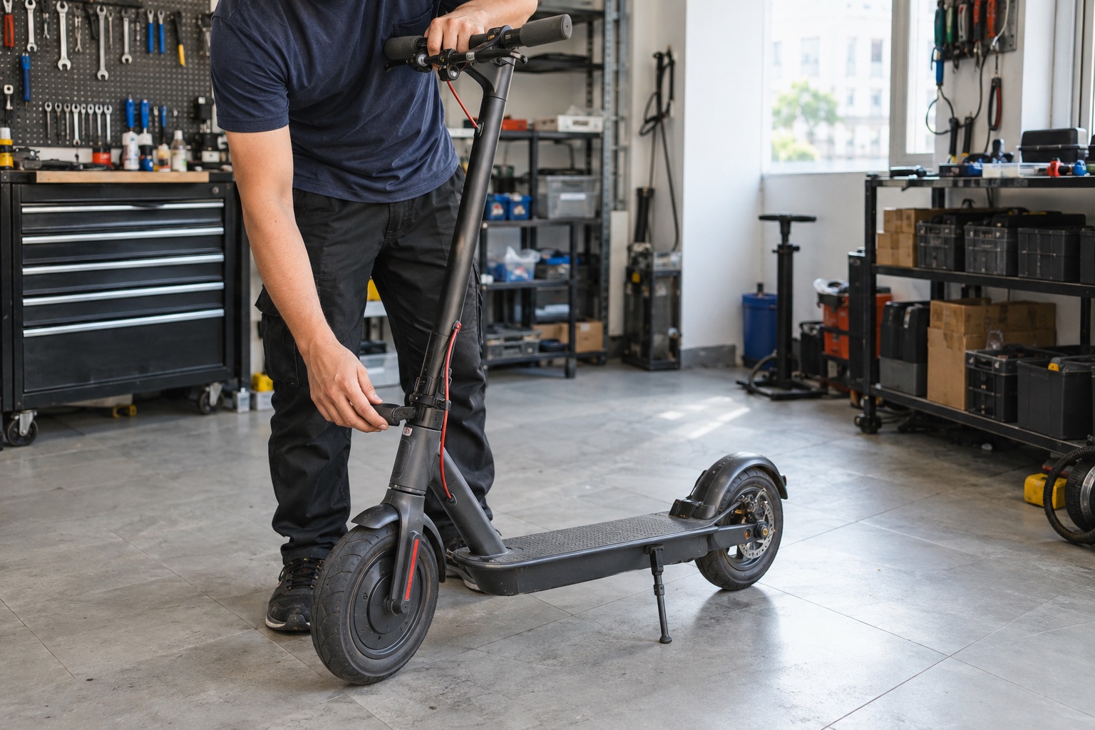 Technician checking a powered-off scooter's folding mechanism