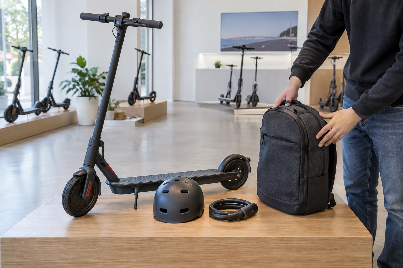Compatible carrying bag, helmet, and lock beside a personal scooter