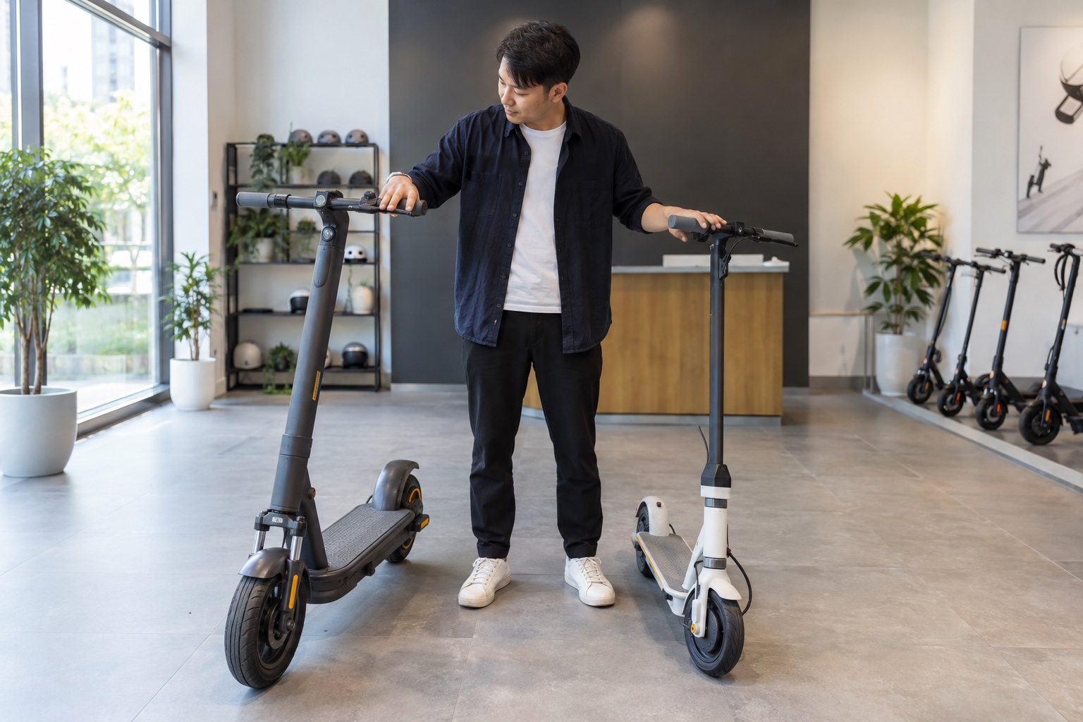 Adult comparing the fit of two intact standing electric scooters