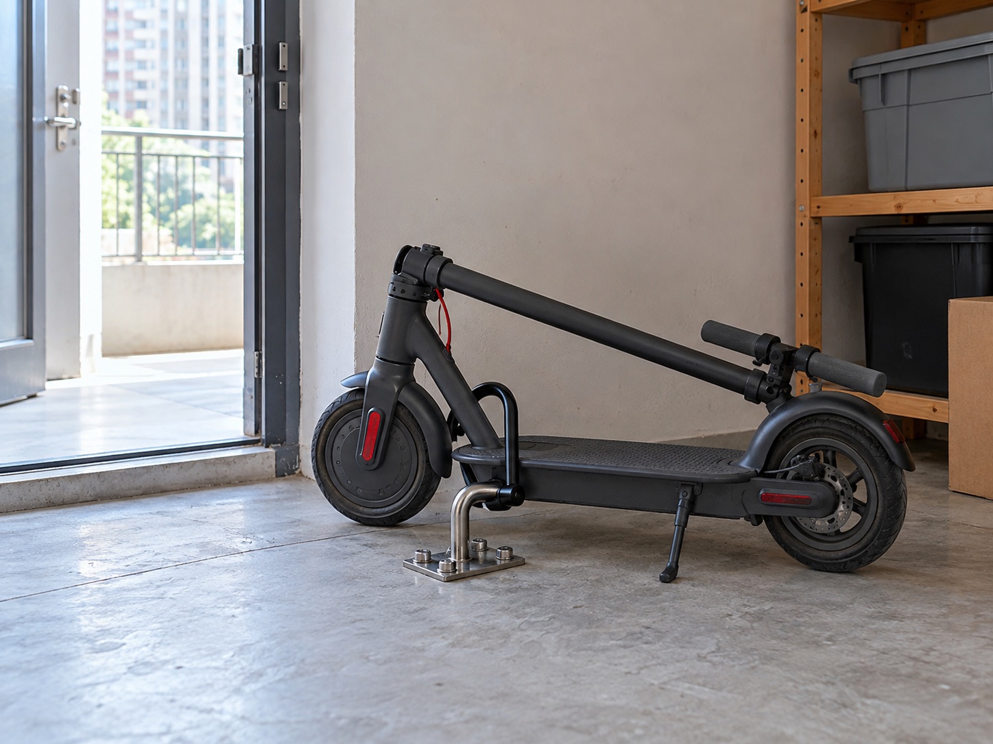 Folded personal scooter secured to a fixed anchor in a clear storage room