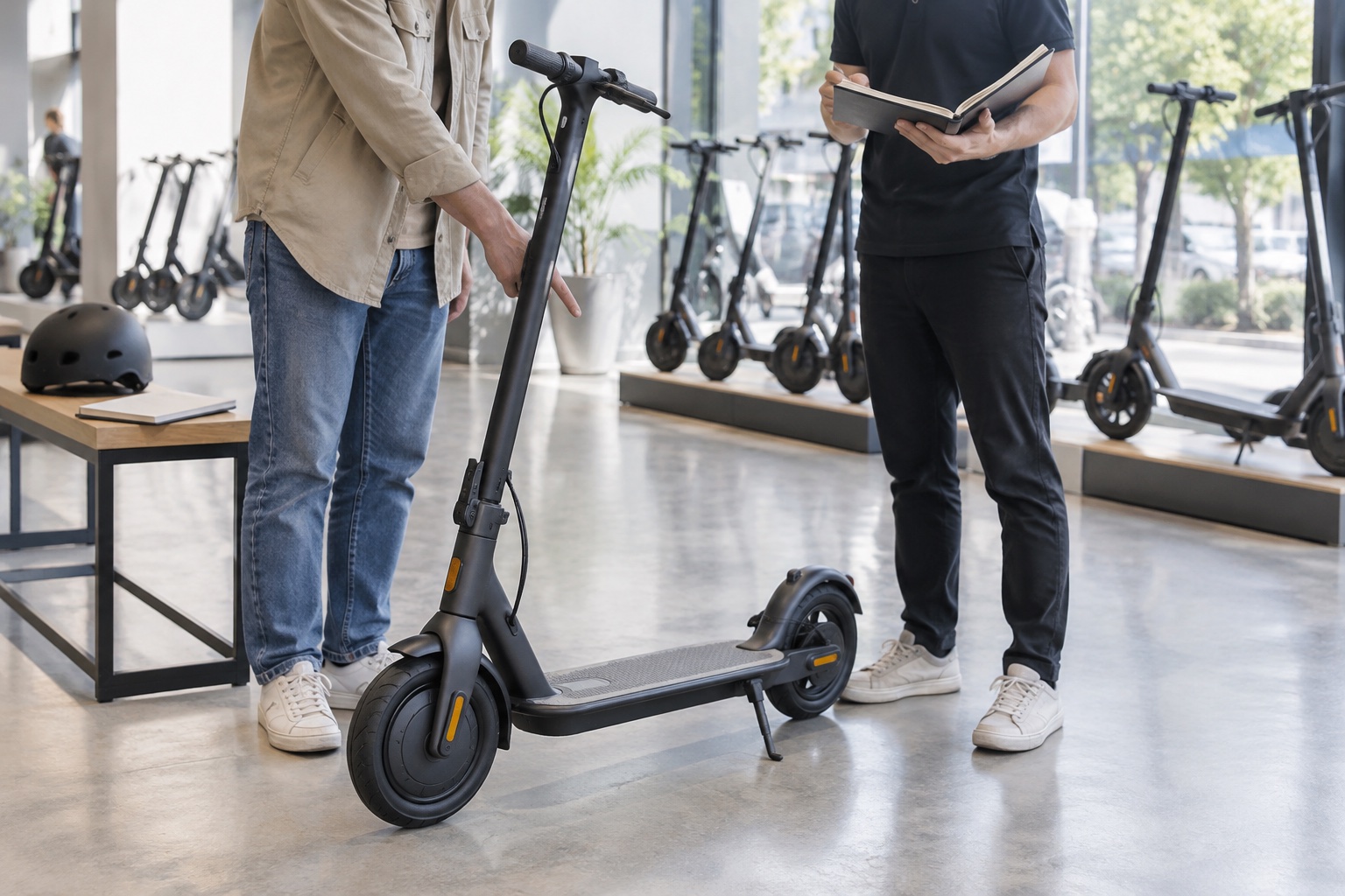 Buyer discussing a scooter's fit and folded size in a showroom