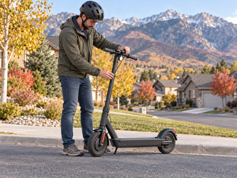 Helmeted adult checking a compact electric scooter beside a quiet Utah residential street
