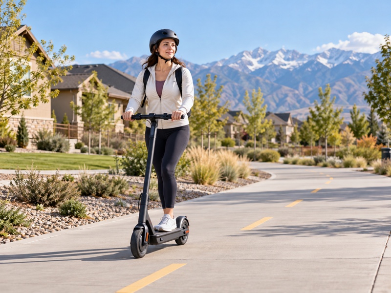 Helmeted adult riding an electric scooter alone on a neighborhood bicycle path in Utah