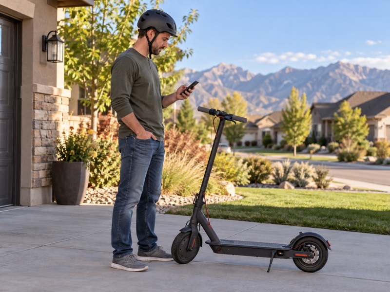 Helmeted adult checking a phone beside a parked electric scooter on a Utah driveway