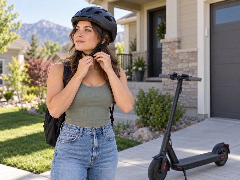 Young adult wearing a properly fastened bicycle helmet beside an electric scooter