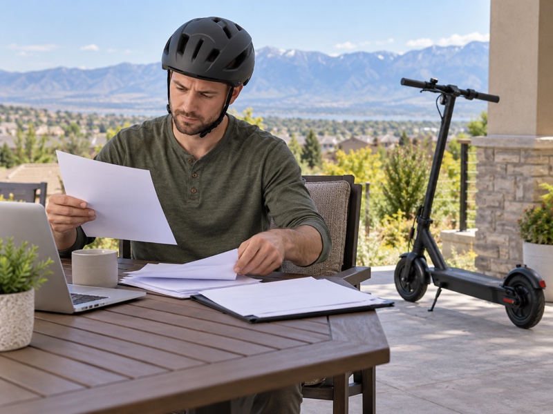 Helmeted adult reviewing electric scooter ownership paperwork at a Utah home patio table