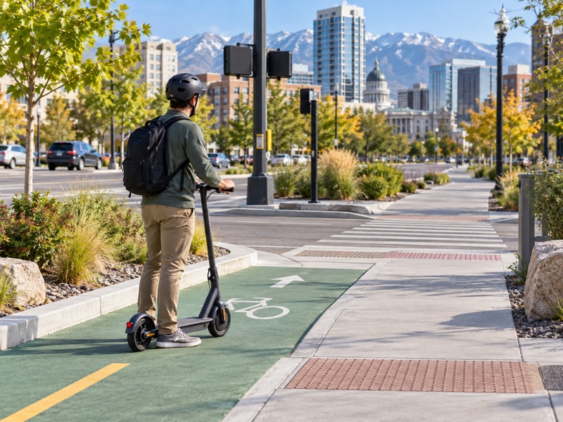 Helmeted adult paused beside an electric scooter at the junction of a bike lane and a pedestrian sidewalk