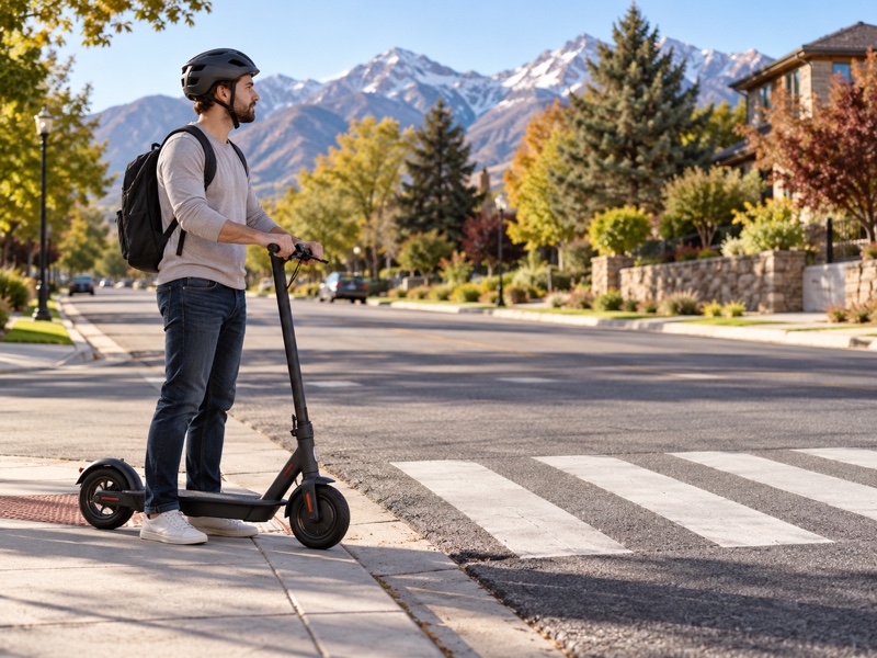 Helmeted adult standing with an electric scooter beside a marked crosswalk on a quiet Utah street