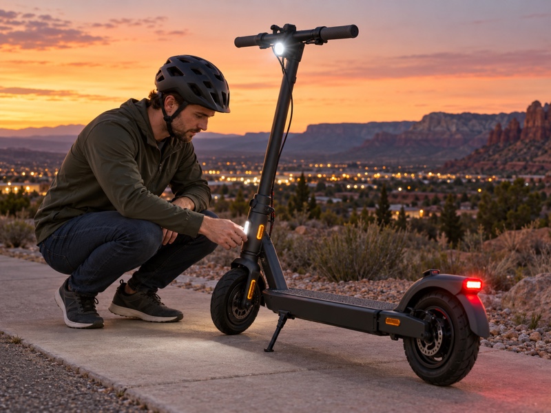 Helmeted adult inspecting a parked electric scooter's white front light and red rear light at dusk
