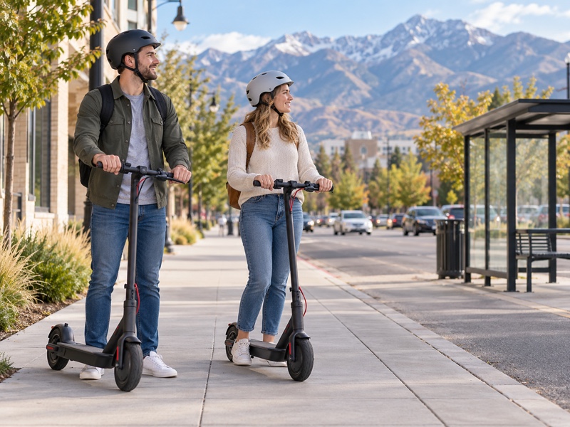 Two helmeted adults beside separate parked electric scooters on a wide Utah city sidewalk