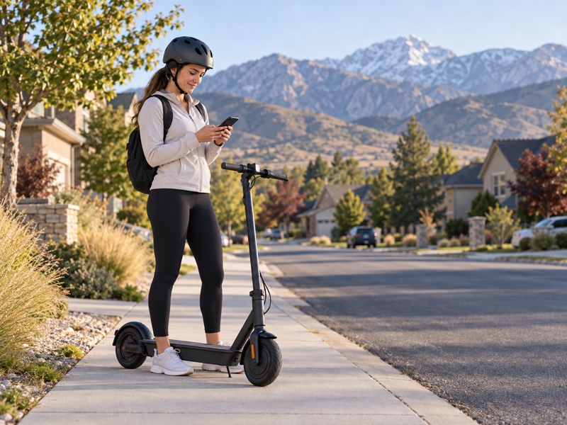 Helmeted adult checking a phone route beside a parked electric scooter with Utah foothills in the distance