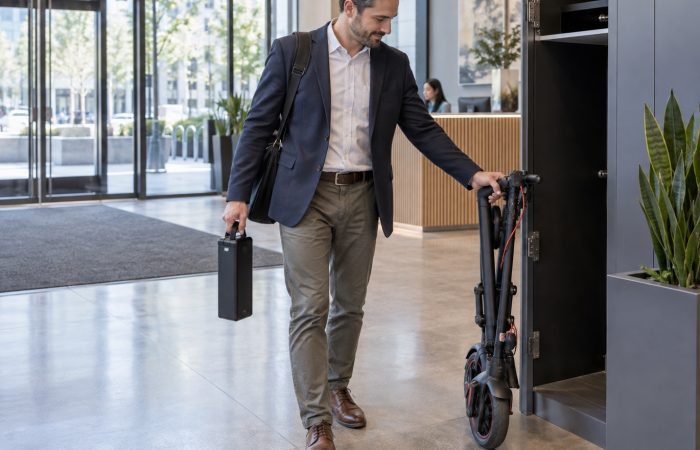 Office commuter carrying a removable scooter battery