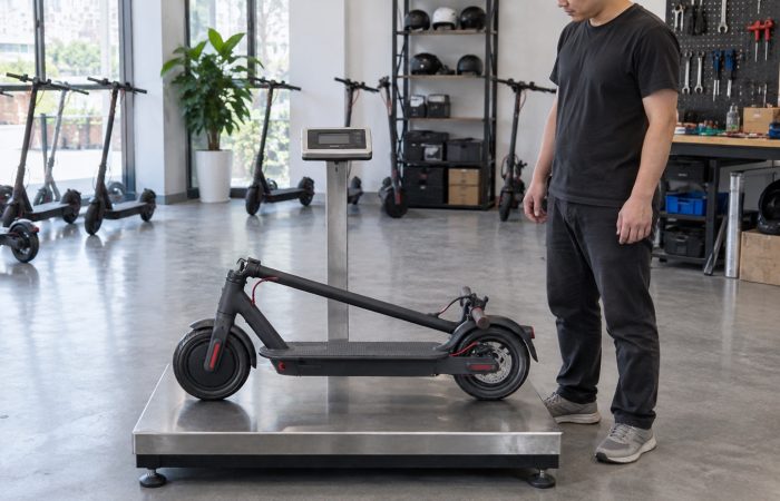 Folded electric scooter on a workshop scale